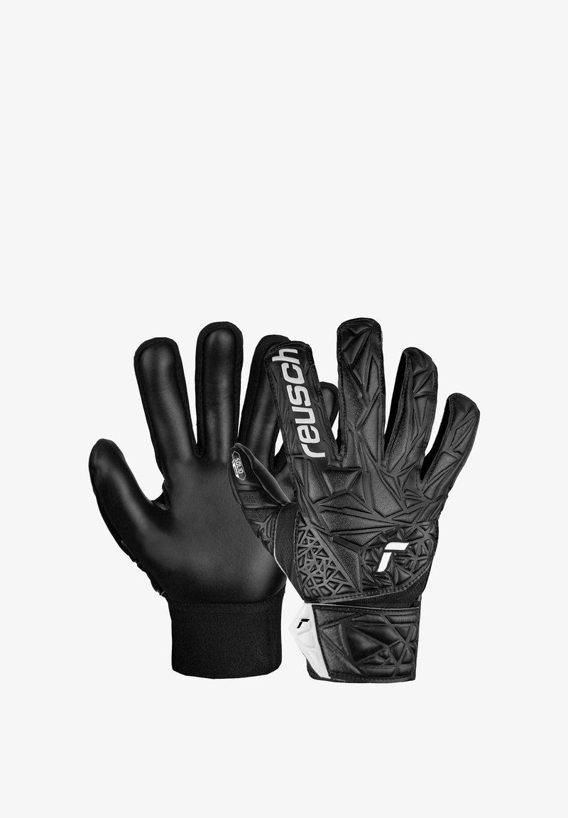 Schwarze Torwarthandschuhe mit strukturiertem Griff, verstärkten Fingern und elastischem Handgelenksbund. Mit weißem Logo und geometrischen Mustern.