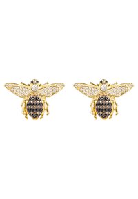 Pendientes con forma de abeja en tono dorado, adornados con cristales negros y claros, que presentan alas texturizadas y un cuerpo detallado. Cada pendiente tiene dos ojos negros.