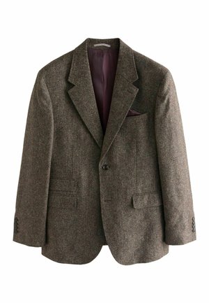 Rudas dryžuotas švarkas su išpjauta apykakle, dviem priekinėmis kišenėmis, vieno mygtuko uždarymu ir bordo pamušalu. Pridedama kišenių nosinė.