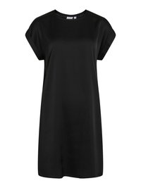 Robe noire à manches courtes avec un col rond. Tissu lisse et brillant. Coupe ample et longueur genou, avec des manches à revers.