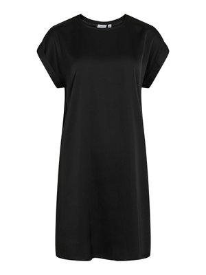 Abito nero a maniche corte con scollo rotondo. Tessuto liscio e lucido. Vestibilità ampia e lunghezza al ginocchio, con maniche con risvolto.