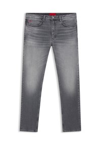 Vaqueros de mezclilla gris con un corte ajustado, presentan un diseño desgastado, cinco bolsillos y una etiqueta de logo roja en la cintura.