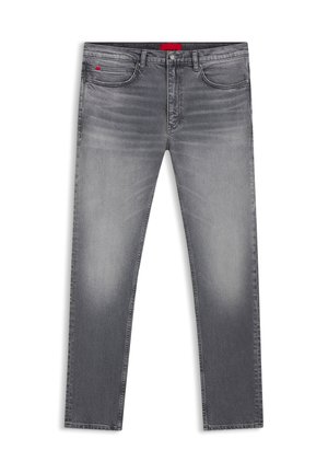 Grå denimjeans med en slank pasform, med et falmet design, fem lommer og en rød logoetiket på linningen.