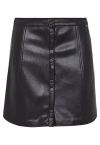 Mini-jupe noire en similicuir avec fermeture à boutons-pression devant et détails de coutures de panneaux.