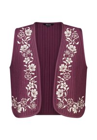 Pruimkleurig geribbeld vest met witte bloemrijke borduursels langs beide voorranden, open voorkant ontwerp, en zoom die eindigt op de taille.