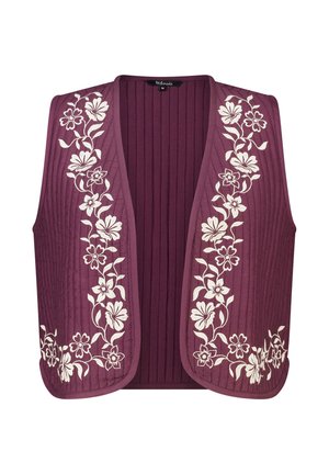 Pruimkleurig geribbeld vest met witte bloemrijke borduursels langs beide voorranden, open voorkant ontwerp, en zoom die eindigt op de taille.