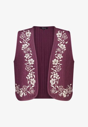 Pruimkleurig geribbeld vest met witte bloemrijke borduursels langs beide voorranden, open voorkant ontwerp, en zoom die eindigt op de taille.