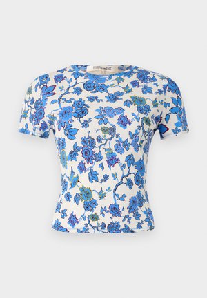 Short-sleeve t-shirt in lightweight fabric, featuring a floral pattern in blue and green on a white background, with a fitted silhouette.