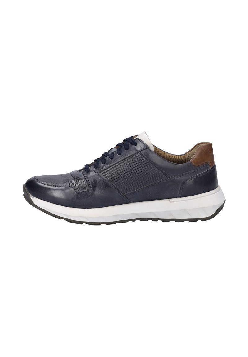 Marineblaue Ledersneaker mit Mesh-Akzenten, weiße Sohle und braunem Lederabsatz. Mit runder Zehenpartie und Schnürdesign.