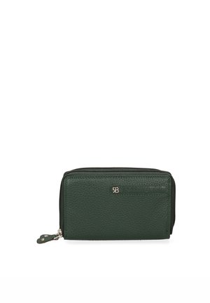 Portafoglio zip in pelle verde con una finitura testurizzata, dotato di un logo argento e un piccolo cartellino in pelle. Forma rettangolare compatta.