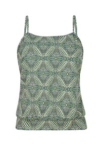Grönmönstrad camisole med smala band, med en geometrisk design i vitt och gult, tillverkad av lättviktig tyg med en mjuk finish.