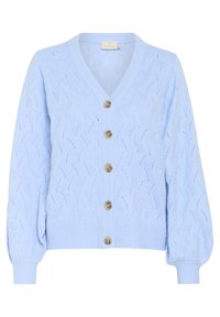 Cardigan tricoté bleu clair avec un col en V, six boutons marron et un motif texturé. Présente des poignets et un ourlet côtelés.