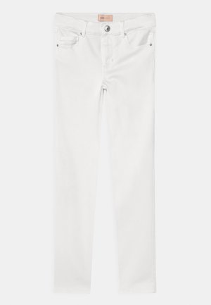 Weiße Kinder Slim-Fit-Jeans mit Frontknopf, Reißverschluss, Gürtelschlaufen und Fünf-Taschen-Design auf einfarbigem Hintergrund.