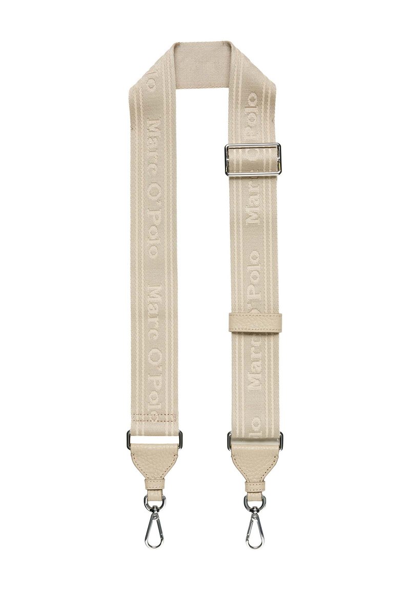 Cinturino in tessuto beige con logo "Marc O'Polo" impresso, dotato di clip in metallo e di una fibbia regolabile per la modifica della lunghezza.