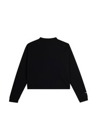 Sweatshirt noir court avec des manches longues, un col rond et des poignets côtelés. Texture lisse avec un design minimal. Accent du logo sur la manche.