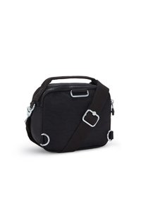 Borsa a tracolla nera in tessuto con manico superiore, chiusura a zip, tracolla regolabile e rifiniture in metallo argentato. Presenta una forma rettangolare.