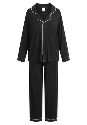 Mustapaita-asuste, jossa on pitkähihaiset paidat ja housut, sekä valkoiset pipingsyyt kauluksessa, napituksessa ja lahkeiden reunoissa. Pehmeä materiaali.