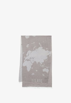 Accappatoio di cotone grigio chiaro con un design della mappa del mondo in una tonalità più chiara. Bordo rifinito con frange e testo "T'CLASS" in fondo.