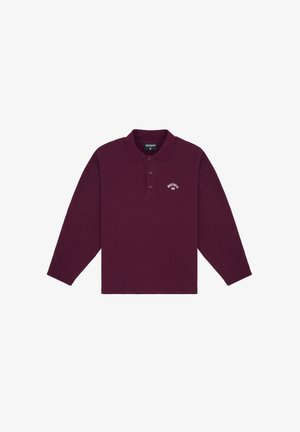 Long-sleeve burgundy polo shirt made from cotton blend, featuring a classic collar and a small white logo on the left side.