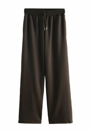 Schwarze weit geschnittene Hosen aus weichem Stoff, ausgestattet mit einem elastischen Bund und einem Kordelzug, glatter Textur und ohne sichtbare Muster.