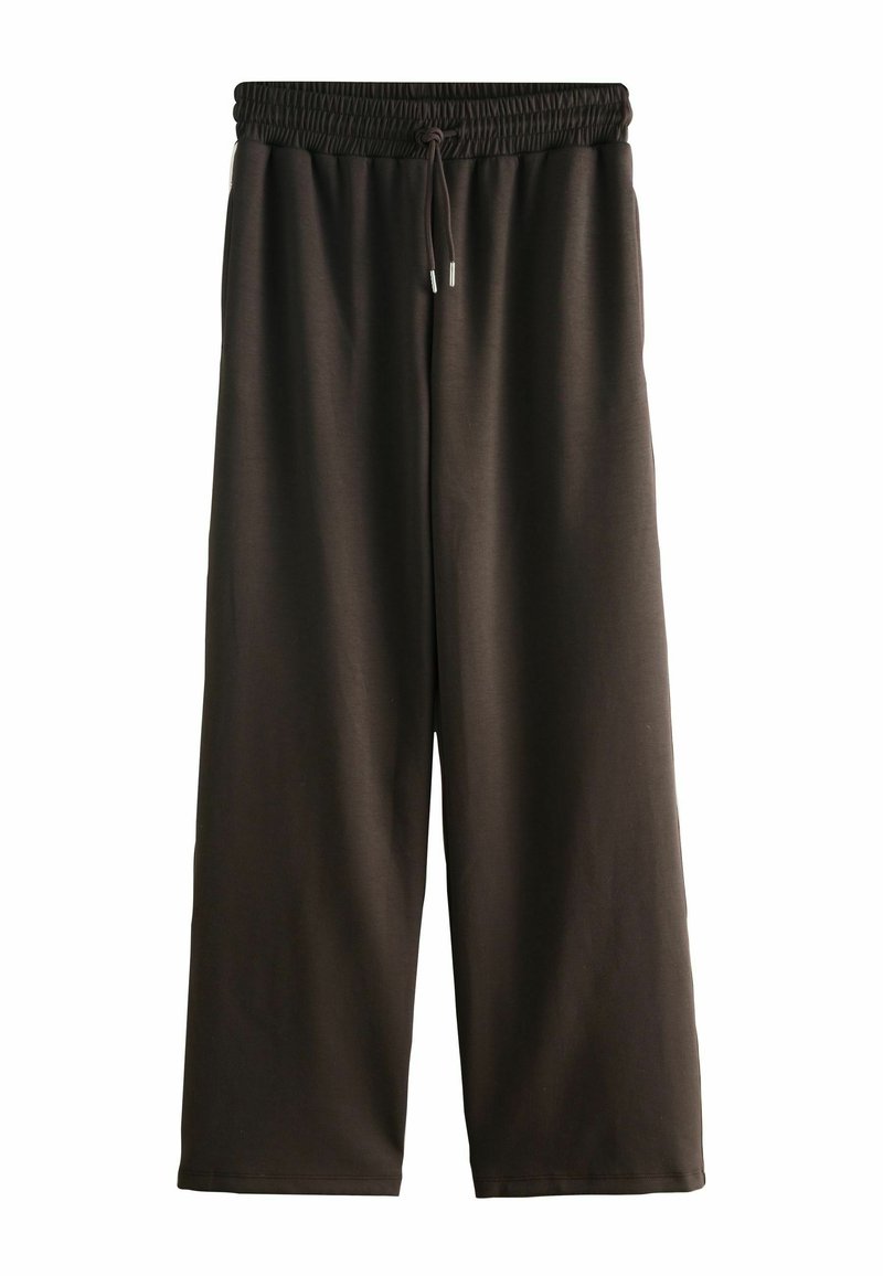 Schwarze weit geschnittene Hosen aus weichem Stoff, ausgestattet mit einem elastischen Bund und einem Kordelzug, glatter Textur und ohne sichtbare Muster.