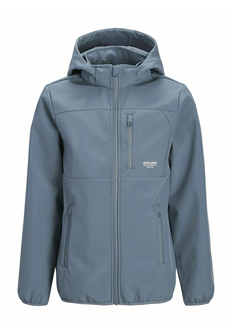 Giacca grigia con zip e cappuccio, dotata di tasche laterali e una tasca sul petto con zip. Realizzata in un materiale morbido e liscio con cuciture minime.