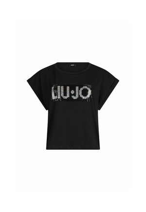Schwarzes T-Shirt mit kurzen Ärmeln aus weichem Stoff. Verfügt über ein mit Pailletten verziertes „LIU JO“-Logo auf der Vorderseite und hat eine lockere Passform.
