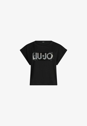 Camiseta negra de manga corta hecha de tela suave. Presenta un logo "LIU JO" adornado con lentejuelas en el frente, con un corte relajado.