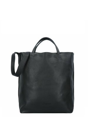 Black leather tote bag with textured surface, featuring dual top handles and a detachable shoulder strap for versatile carrying options.