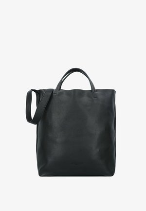 Black leather tote bag with textured surface, featuring dual top handles and a detachable shoulder strap for versatile carrying options.