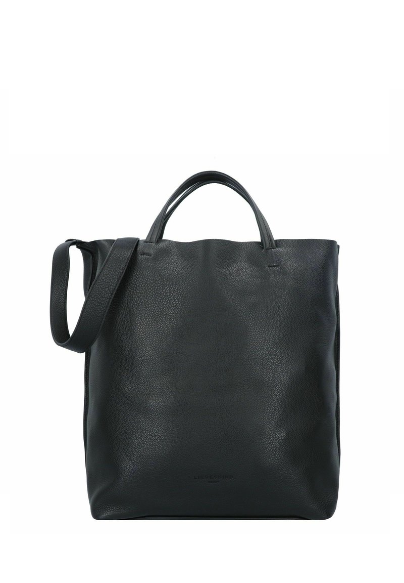 Czarna skórzana torba tote o teksturowej powierzchni, z podwójnymi uchwytami u góry oraz odczepianym paskiem na ramię, oferująca wszechstronne opcje noszenia.
