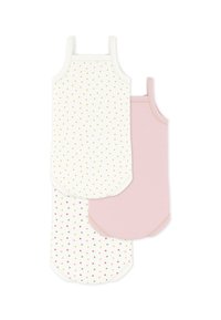 Τρία τοπ χωρίς μανίκια: ένα λευκό με χρυσές κουκκίδες, ένα λευκό με πολύχρωμες καρδιές και ένα ροζ. Όλα έχουν λεπτές τιράντες και στρογγυλεμένες άκρες.