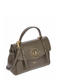 Sac à main en cuir vert avec un design structuré, quincaillerie dorée, une poignée supérieure et une bandoulière amovible. Présente une fermeture magnétique.