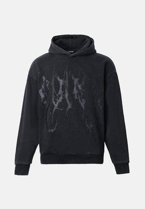 Black hooded sweatshirt with long sleeves and a subtle textured abstract design on the front, ribbed cuffs, and hem.