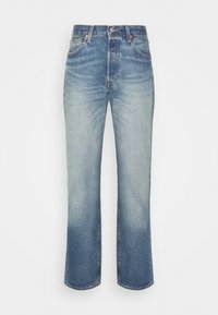 Raka blå denimjeans med blekt tvätt, knapp- och dragkedjestängning samt framfickor.
