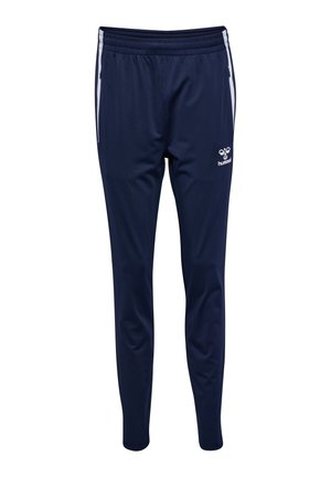 Navy athletic pants with a tapered design, made of smooth fabric. Features white side stripes and a logo on the lower front. Elastic waistband.