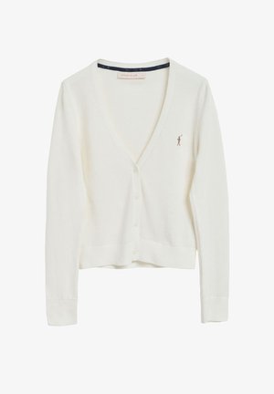 Cardigan blanc en doux tricot, avec un col en V, six boutons sur le devant, un ourlet côtelé et un petit logo sur la poitrine gauche.