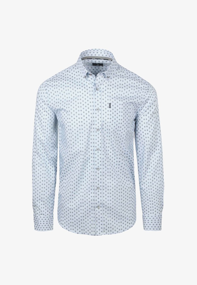 Lichtblauwe overhemd met kleine donkerblauwe stippen, lange mouwen en een borstzak. Zachte katoenen stof met een gestructureerde afwerking.