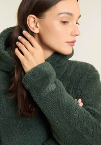 Pullover di pile verde con colletto alto, tessuto strutturato e logo ricamato sulla manica. Aspetto morbido e accogliente con una vestibilità rilassata.