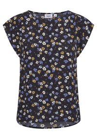 Květinová blůza s černým pozadím, na které se nacházejí malé bílé, modré a žluté květiny. Krátké rukávky ve stylu cap a volný střih.