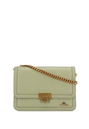 Bolso de mano de piel verde con cadena dorada, forma rectangular, cierre frontal con herrajes y detalle de logo embosado en la esquina inferior derecha.