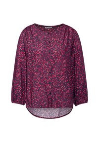 Koszula na guziki wykonana z lekkiego materiału, z ciemnonawowym tłem oraz żywymi różowymi i czerwonymi abstrakcyjnymi wzorami, z balonowymi rękawami.