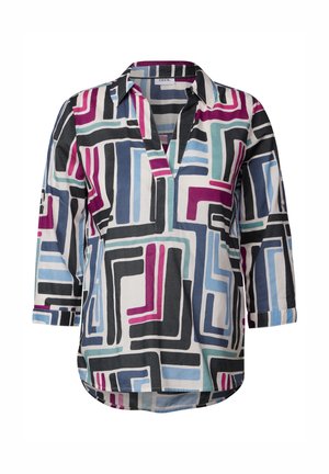 Mehrfarbige Bluse aus leichtem Stoff, mit geometrischen Mustern in Lila, Schwarz, Blau und Aqua. Mit aufgeschlitztem Kragen und Dreiviertelärmeln.