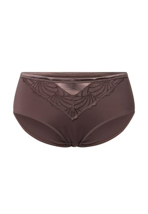 Braune hochgeschnittene Unterhosen aus glattem Stoff mit einem satinierten Bund. Mit Spitzenverzierungen in einem gewellten Muster auf der Vorderseite.
