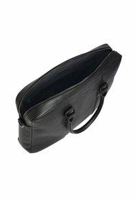 Schwarze Lederaktentasche mit strukturierter Oberfläche, ausgestattet mit zwei Griffen, einem Reißverschluss oben und einer Innentasche. Für den professionellen Gebrauch entworfen.