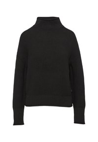 Pull à col roulé noir en maille texturée. Il présente des manches longues et une coupe décontractée, avec des poignets et un ourlet côtelés.