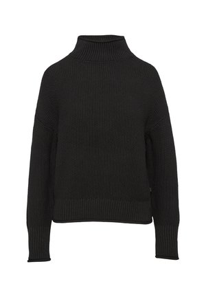 Must turtleneck-sweater, mis on valmistatud tekstuuriga kudumiskangast. Omab pikki varrukaid ning lõtva istuvust, ribateradega varrukate ja hemiga.