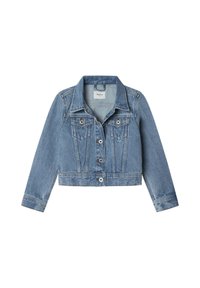 Svetlo modra denim jakna s skrajšanjem, dvema prsni žepoma in srebrnimi dodatki. Ima klasičen ovratnik in gumbasto zapiranje.