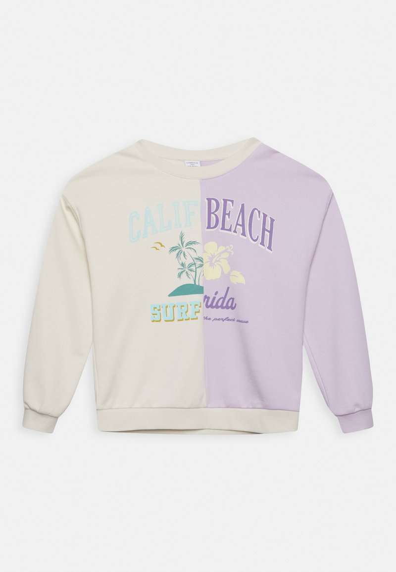 Sweatshirt em cores bloqueadas com o lado esquerdo em creme e o lado direito em lavanda. Apresenta texto gráfico, design tropical e punhos canelados.