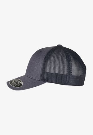 Grå baseballcaps med en solid front og netryg. Har en buet skygge og en cirkulær logo patch på venstre side.